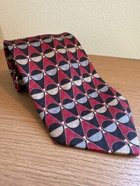 Bachrach Geometric 100% Silk Tie Burgundy Black Gray Tan